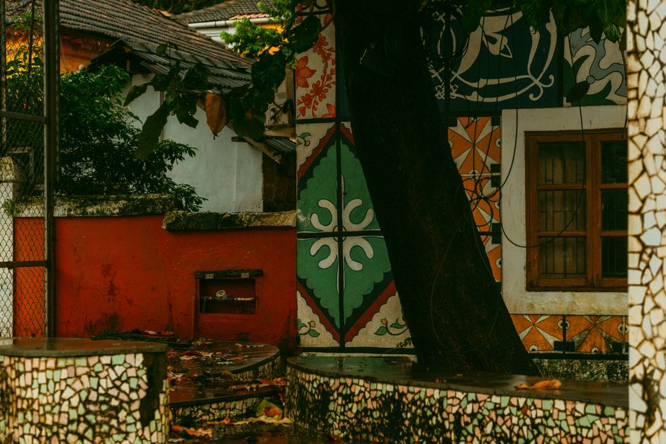 Painted wall with colorful artwork and a tree in front.